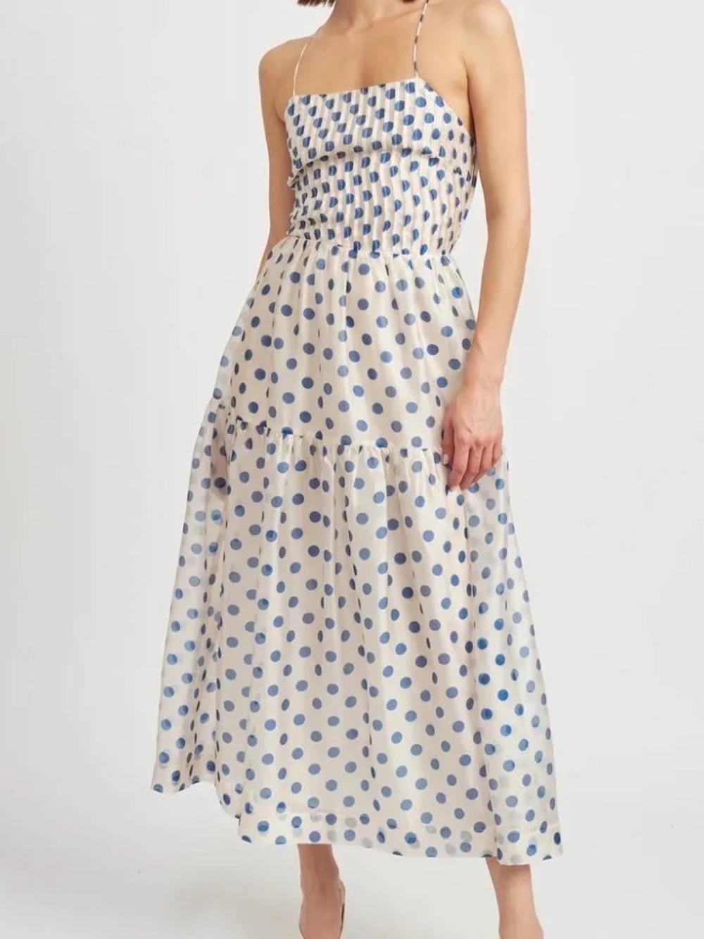 En Saison Cream Polka Dot Midi Dress with Blue Dots